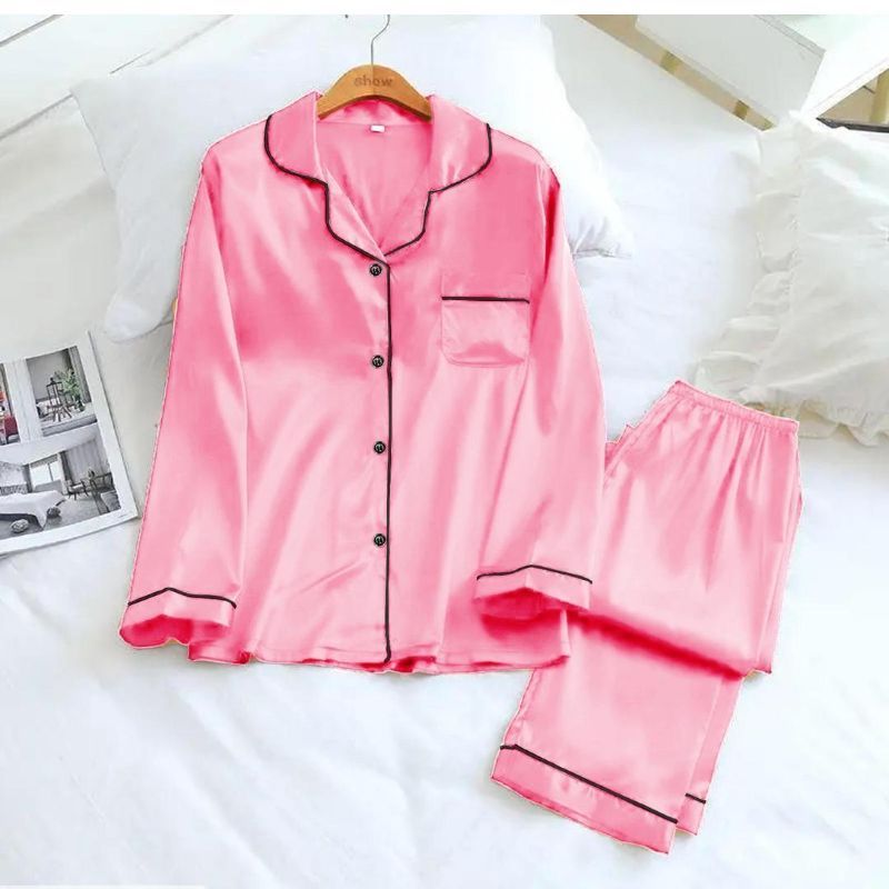 3pcs women's stitched silk plain night suit