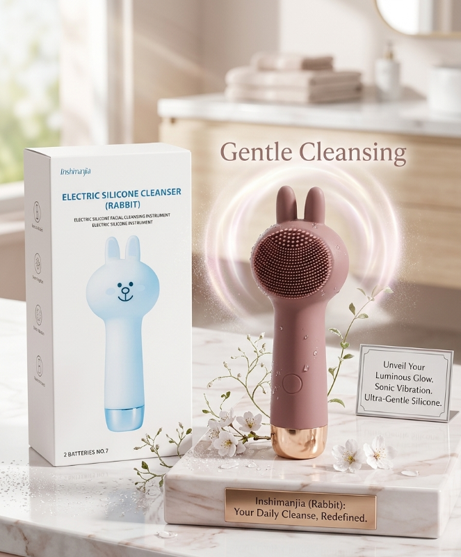 Inshmanjia Rabbit Silicone Facial Cleanser – Electric Double-Sided Face Brush | Deep Cleansing & Vibration Massage | IPX5 Waterproof | Battery-Powered | Multiple Colors
