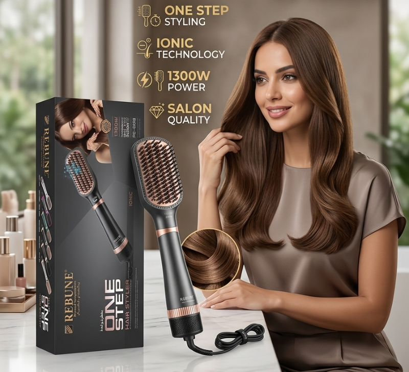 REBUNE RE-8888 One-Step Hair Styler: 1300W Hot Air Brush – Ceramic & Tourmaline, Ionic, 3 Temp/2 Speed