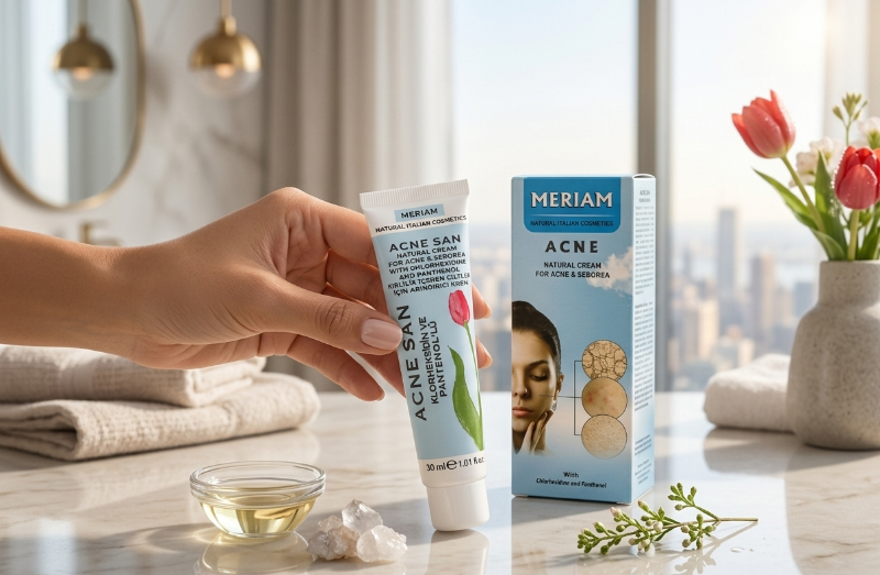 Meriam Acne San Natural Cream 30ml – Italian Acne Treatment with Chlorhexidine & Panthenol | Eliminates Acne & Seborea | Cleanses & Normalizes Skin