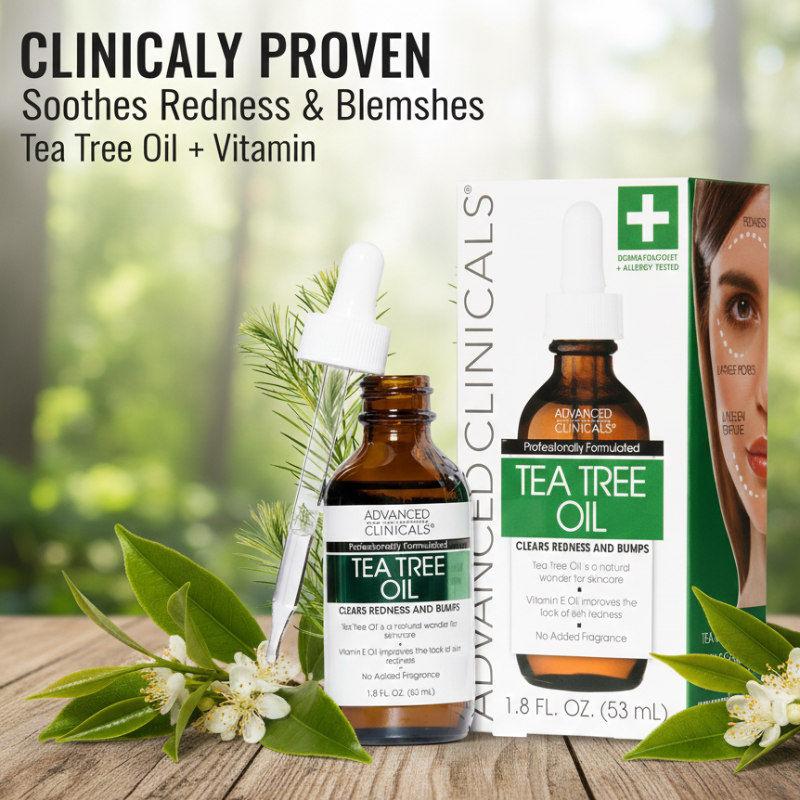 Advanced Clinicals Tea Tree Oil Facial Serum | Pure Tea Tree + Vitamin E | Spot Treatment for Blemishes, Redness & Bumps