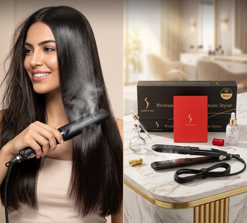 Professional Hair Salon Steam Styler: Healthy & Silky – Steam Technology, 450°F, Ceramic Plates – Straighten & Curl