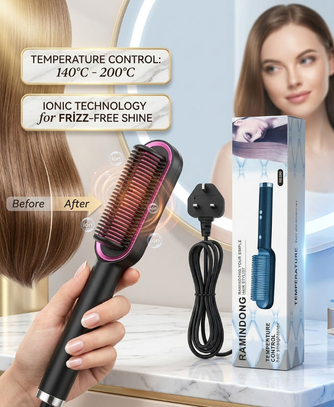RAMINDONG RD380 Hair Straightener Brush – 2-in-1 Straightening & Curling | Adjustable Temperature Control | Anti-Scalding Design | Ceramic Heating Technology