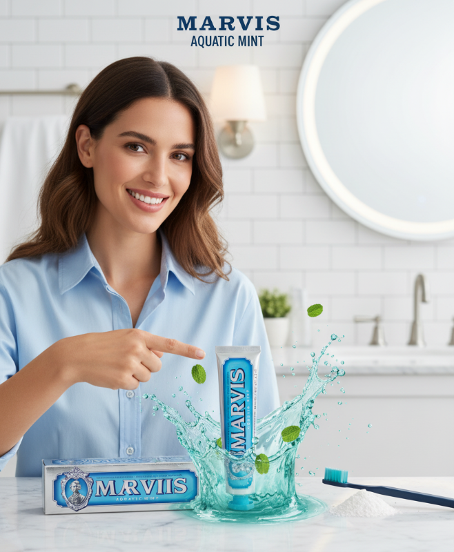 Marvis Aquatic Mint Toothpaste 85ml – Italian Luxury Toothpaste | Fresh Aquatic & Peppermint Flavor | Enamel Building & Long-Lasting Fresh Breath