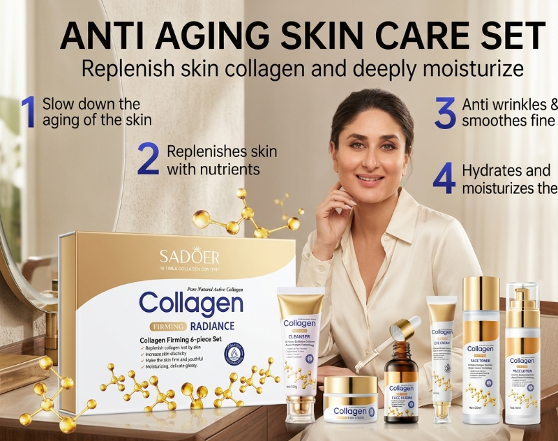 Sadoer Collagen Firming Radiance 6-Piece Set – Anti-Aging Skincare Kit with Cleanser, Toner, Serum, Face Cream, Eye Cream & Sheet Mask | Hydrolyzed Collagen & Niacinamide