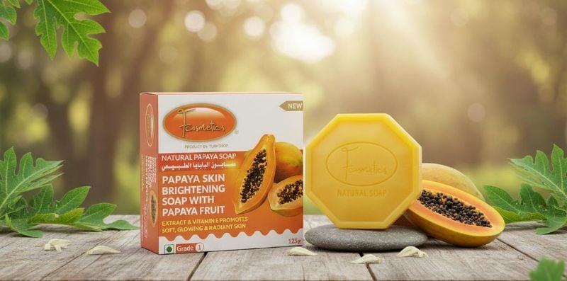 صابون البابايا الطبيعي من إف كوزمتكس | صابون لتفتيح البشرة 125 جرام بخلاصة البابايا وفيتامين E  
F Cosmetics Natural Papaya Soap | Skin Lightening Soap 125g with Papaya Extract and Vitamin E