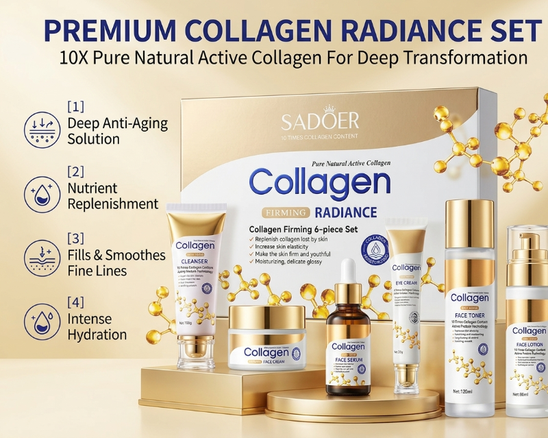 Sadoer Collagen Firming Radiance 6-Piece Set – Anti-Aging Skincare Kit with Cleanser, Toner, Serum, Face Cream, Eye Cream & Sheet Mask | Hydrolyzed Collagen & Niacinamide