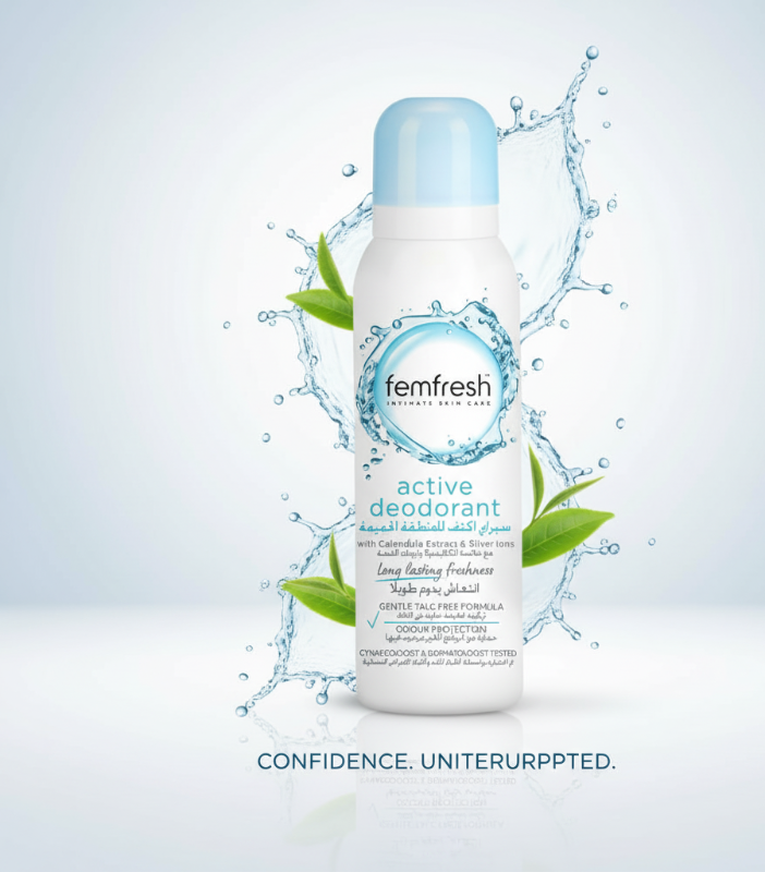 بخاخ مزيل عرق فيم فريش أكتيف للمناطق الحميمة | للمناطق الحميمة الخارجية، ١٢٥ مل  Femfresh Active Intimate Deodorant Spray | For External Intimate Areas, 125 ml