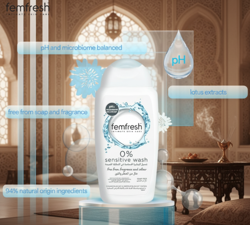 غسول فيم فريش 0% للمناطق الحساسة | خالٍ من العطور والصابون، ومتوازن الحموضة | 250 مل  
Femfresh 0%  Sensitive  Intimate Wash | Fragrance-Free, Soap-Free, pH Balanced | 250ml