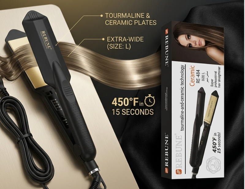 Rebune RE-484 Hair Straightener: Tourmaline & Ceramic Plates – Heats to 450°F in 15 Seconds – 50W, 360° Cord