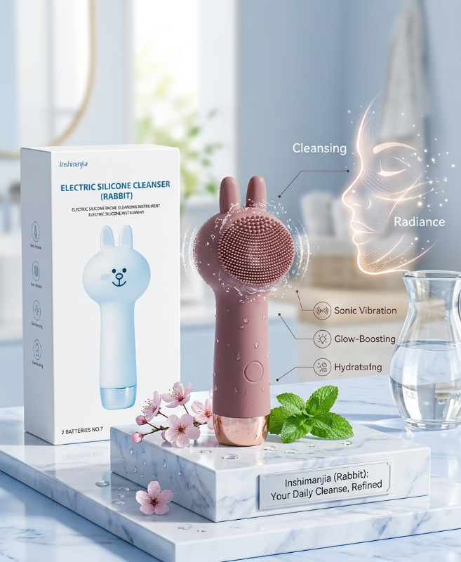 Inshmanjia Rabbit Silicone Facial Cleanser – Electric Double-Sided Face Brush | Deep Cleansing & Vibration Massage | IPX5 Waterproof | Battery-Powered | Multiple Colors