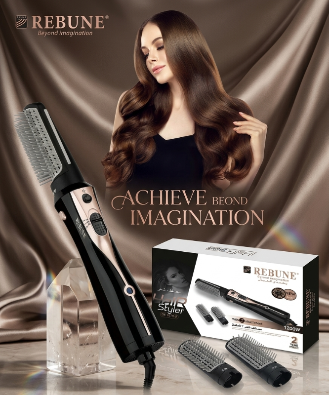 Rebune Hair Styler RE-2078-2: 1200W Hot Air Brush with Ionic Technology – 2 Attachments, 360° Cord