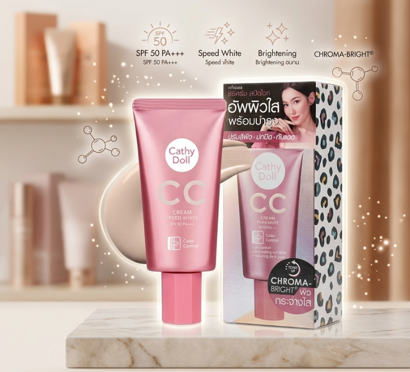 Cathy Doll CC Cream Speed White SPF 50 PA+++: Water Drop, CHROMABRIGHT & 12H Oil Control – Instant Brightening