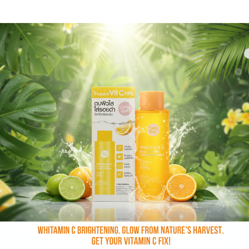 Cathy Doll Whitamin C Brightening Toner & Essence | 99% Pure 3-O-Ethyl Ascorbic Acid + Niacinamide + Ceramide | Professional 2-in-1 Brightening & Barrier Repair Treatment