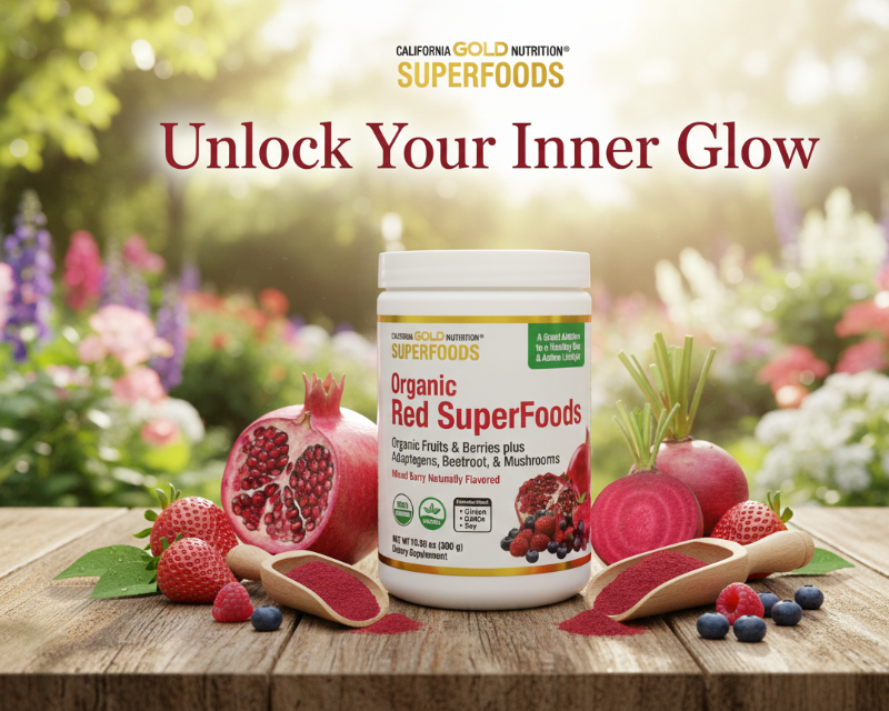 California Gold Nutrition Superfoods Organic Red SuperFoods Powder | Berry Flavor | Fruit, Beet & Mushroom Blend | Vegan, Gluten-Free