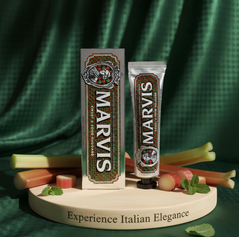 Marvis Sweet & Sour Rhubarb Toothpaste 75ml – Italian Luxury Toothpaste | Bitter Rhubarb, Mint & Menthol | Cavity Prevention, Plaque & Tartar Control | Silver Vintage Tube