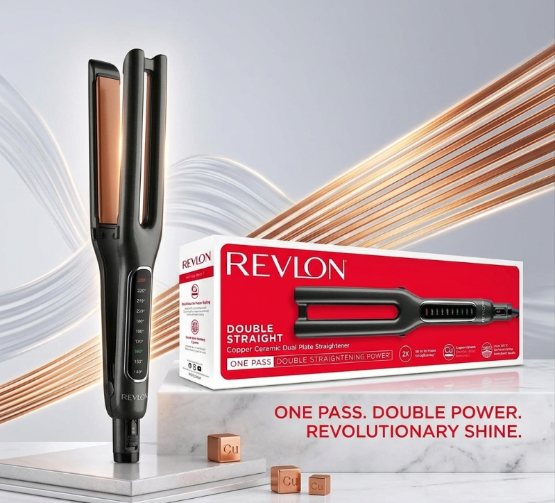 Revlon Double Straight Copper Ceramic Dual Plate Straightener RVST2204: 2x Faster Styling, 10 Heat Settings to 235°C