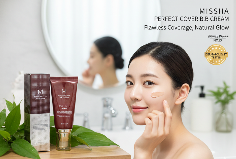 MISSHA M Perfect Cover BB Cream SPF42 PA+++ | No.13 Bright Beige | Korean All-in-One Foundation with Skincare | Dewy Finish, Buildable Coverage