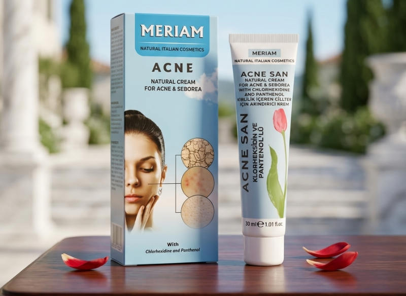 Meriam Acne San Natural Cream 30ml – Italian Acne Treatment with Chlorhexidine & Panthenol | Eliminates Acne & Seborea | Cleanses & Normalizes Skin