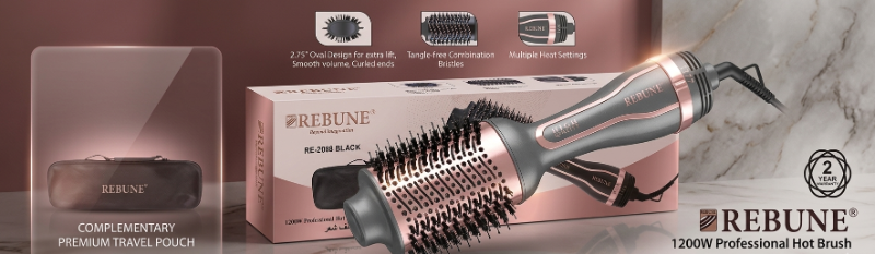 Rebune RE-2088 Professional Hot Brush: 1200W 2-in-1 Dry, Straighten & Volumize – Ionic, 3 Heat, 2 Speed