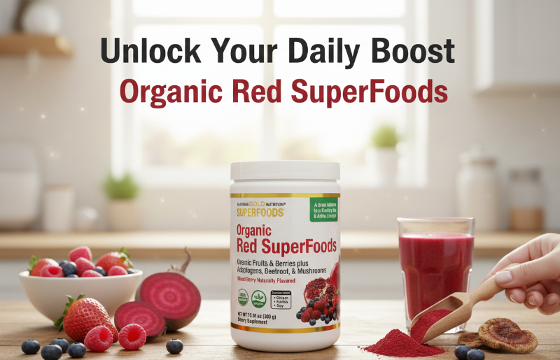 California Gold Nutrition Superfoods Organic Red SuperFoods Powder | Berry Flavor | Fruit, Beet & Mushroom Blend | Vegan, Gluten-Free