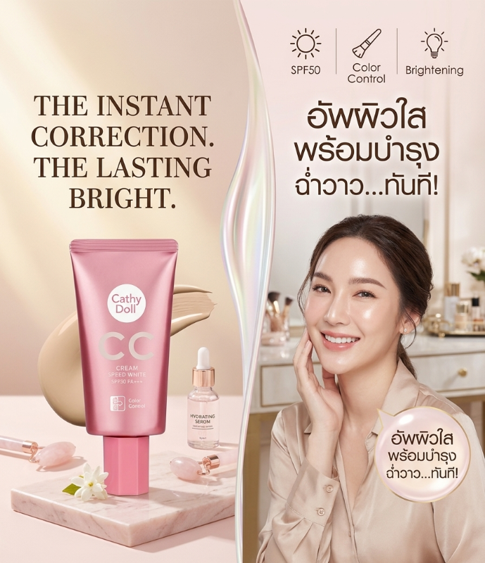 Cathy Doll CC Cream Speed White SPF 50 PA+++: Water Drop, CHROMABRIGHT & 12H Oil Control – Instant Brightening