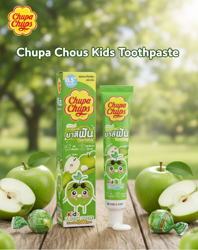 Chupa Chups Kids Toothpaste Green Apple 40g | Fluoride 1500ppm | Sugar-Free Cavity Protection for Toddlers 0.5+