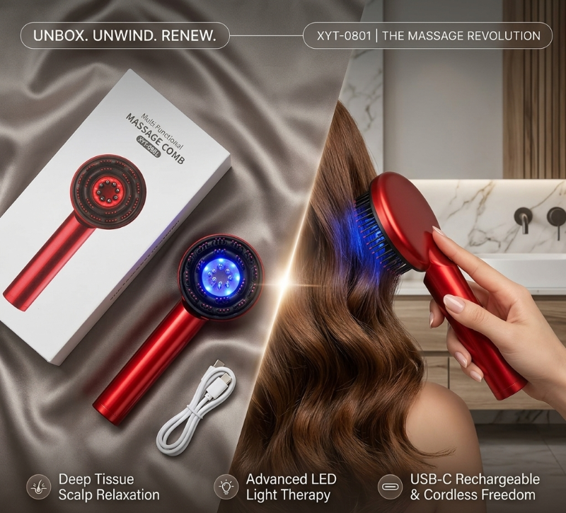 XYT-0801 Multi-Functional Massage Comb – Electric Scalp Massager | Vibration, Red Light Therapy & Hair Oil Applicator | Portable Handheld for Hair Care & Relaxation