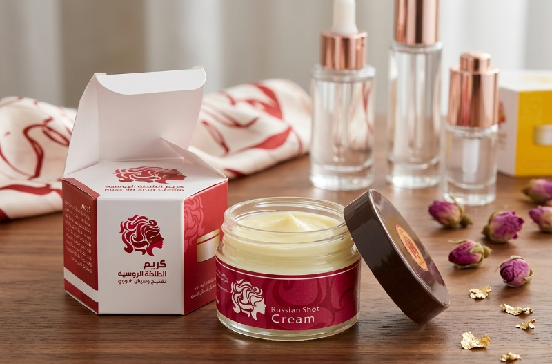 Russian Shot Cream: Pink & White Jar with Silhouette Logo – Consult Dermatologist Before Use