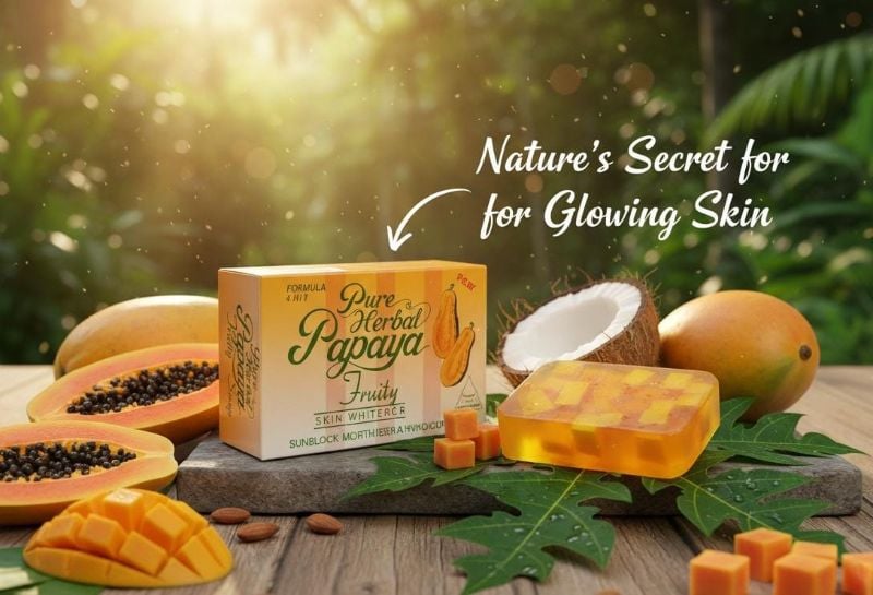 صابون البابايا العشبي الطبيعي لتفتيح البشرة | تركيبة 4 في 1 مع حماية من الشمس  Natural Herbal Papaya Skin Lightening Soap | 4-in-1 Formula with Sun Protection