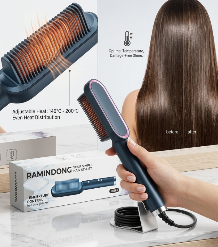 RAMINDONG RD380 Hair Straightener Brush – 2-in-1 Straightening & Curling | Adjustable Temperature Control | Anti-Scalding Design | Ceramic Heating Technology