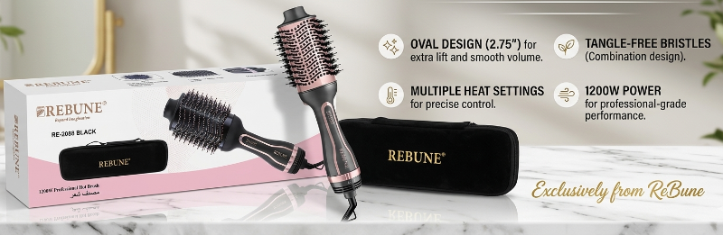 Rebune RE-2088 Professional Hot Brush: 1200W 2-in-1 Dry, Straighten & Volumize – Ionic, 3 Heat, 2 Speed