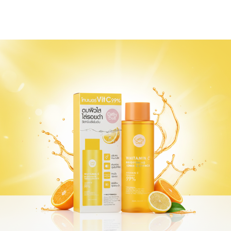 Cathy Doll Whitamin C Brightening Toner & Essence | 99% Pure 3-O-Ethyl Ascorbic Acid + Niacinamide + Ceramide | Professional 2-in-1 Brightening & Barrier Repair Treatment