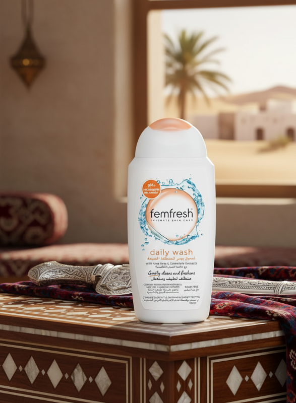 غسول فيم فريش اليومي للمناطق الحميمة مع خلاصة الصبار والآذريون | متوازن الحموضة ومُختبر من قبل أطباء النساء | 250 مل  Femfresh Daily Intimate Wash with Aloe Vera and Calendula Extract | pH Balanced and Gynecologically Tested | 250ml