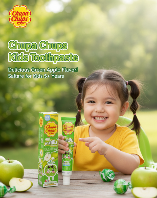 Chupa Chups Kids Toothpaste Green Apple 40g | Fluoride 1500ppm | Sugar-Free Cavity Protection for Toddlers 0.5+