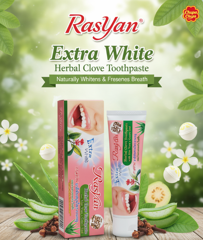 Rasyan Extra White Herbal Toothpaste 100g | Clove, Aloe Vera & Guava Leaf | Removes Coffee & Tobacco Stains | Thai Formula