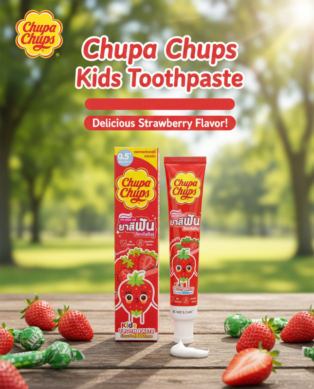 Chupa Chups Kids Toothpaste Strawberry 40g | Fluoride 1500ppm | Sugar-Free Cavity Protection for Toddlers 0.5+