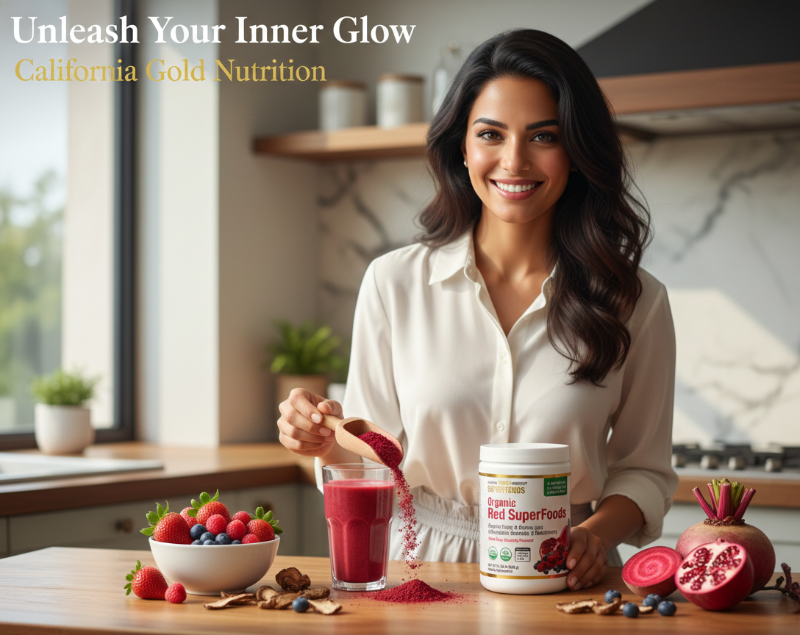 California Gold Nutrition Superfoods Organic Red SuperFoods Powder | Berry Flavor | Fruit, Beet & Mushroom Blend | Vegan, Gluten-Free