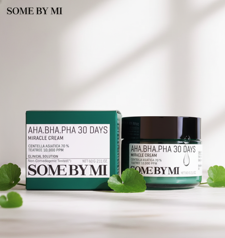 Some By Mi AHA BHA PHA 30 Days Miracle Cream | 70% Centella & Tea Tree | Exfoliating Moisturizer for Sensitive, Oily Skin | 60g