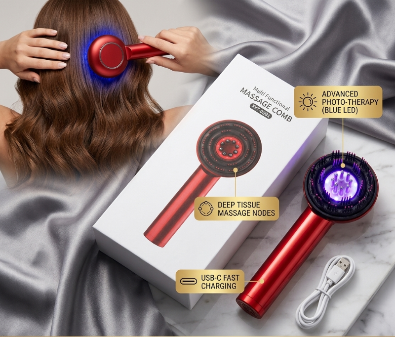 XYT-0801 Multi-Functional Massage Comb – Electric Scalp Massager | Vibration, Red Light Therapy & Hair Oil Applicator | Portable Handheld for Hair Care & Relaxation
