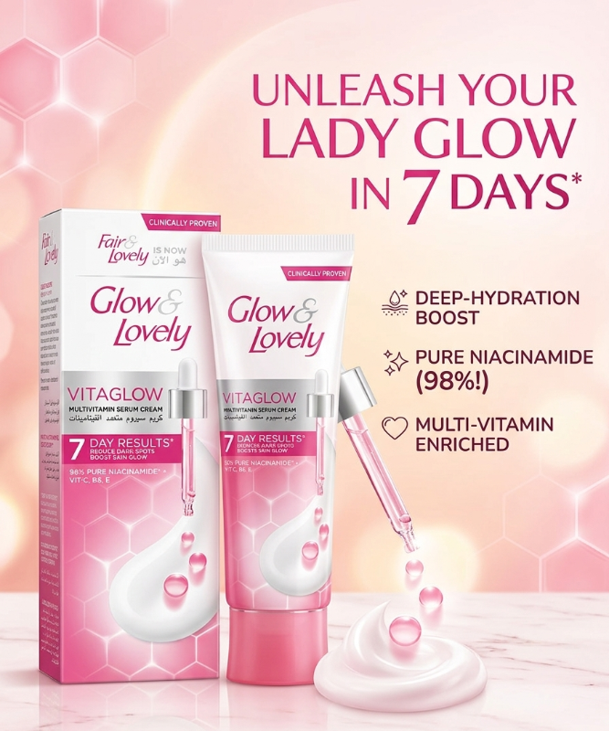 Glow & Lovely Vitaglow Serum Cream: 98% Niacinamide with Vitamins C, B6 & E – Results in 7 Days