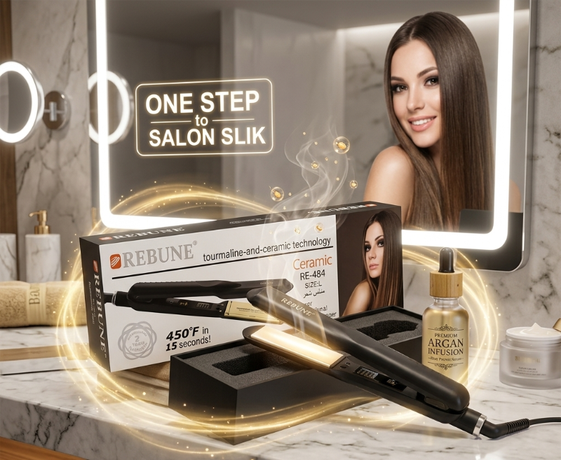 Rebune RE-484 Hair Straightener: Tourmaline & Ceramic Plates – Heats to 450°F in 15 Seconds – 50W, 360° Cord