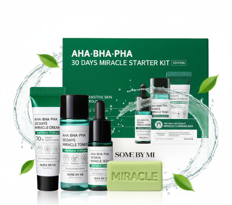 مجموعة Some By Mi Miracle Starter Kit 30 يومًا - روتين من 4 خطوات للبشرة المعرضة لحب الشباب، مع أحماض ألفا هيدروكسي (AHAs)، وأحماض بيتا هيدروكسي (BHAs)، وأحماض بولي هيدروكسي (PHAs).  Some By Mi Miracle Starter Kit 30 Days - A 4-Step Routine for Acne-Prone Skin with Alpha Hydroxy Acids (AHAs), Beta Hydroxy Acids (BHAs), and Polyhydroxy Acids (PHAs).