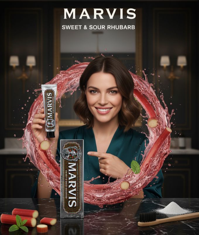 Marvis Sweet & Sour Rhubarb Toothpaste 75ml – Italian Luxury Toothpaste | Bitter Rhubarb, Mint & Menthol | Cavity Prevention, Plaque & Tartar Control | Silver Vintage Tube