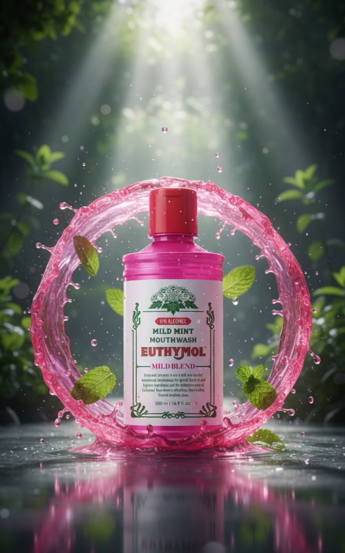 غسول فم يوثيمول بنكهة النعناع الخفيف والخالي من الكحول | تنظيف لطيف، يحارب رائحة الفم الكريهة والبلاك | ٥٠٠ مل EUthymol Mild Mint Alcohol-Free Mouthwash | Gentle Cleansing, Fights Bad Breath and Plaque | 500ml