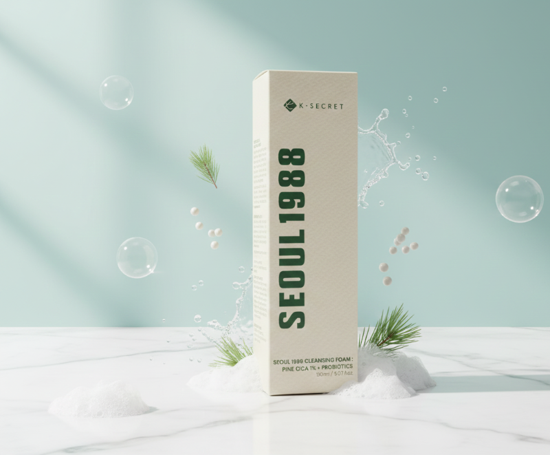رغوة التنظيف كي-سيكريت سيول 1988 باين سيكا + بروبيوتيك - غسول لطيف للوجه مع بيتا هيدروكسي أسيتون للبشرة الحساسة والمعرضة لحب الشباب      K-Secret Seoul 1988 Pine Cica + Probiotic Cleansing Foam - Gentle Facial Wash with Beta Hydroxyacetone for Sensitive and Acne-Prone Skin