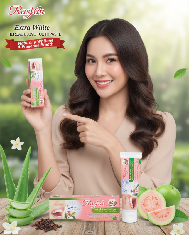 Rasyan Extra White Herbal Toothpaste 100g | Clove, Aloe Vera & Guava Leaf | Removes Coffee & Tobacco Stains | Thai Formula