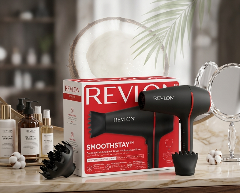 Revlon Smoothstay Coconut Oil-Infused Hair Dryer: 2000W, Ceramic Tourmaline Ionic, Diffuser & Concentrator, Cool Shot