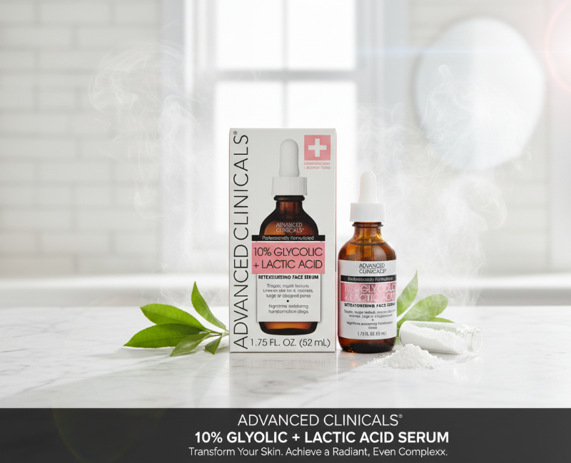 Advanced Clinicals 10% Glycolic + Lactic Acid Retexturizing Face Serum | Nighttime AHA/BHA Exfoliating Treatment
