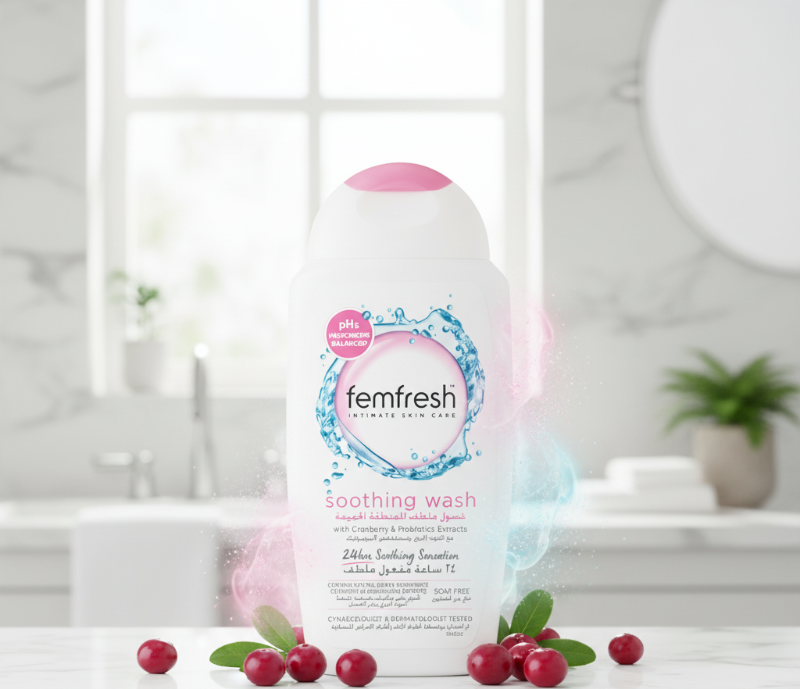 غسول فيم فريش ألترا كير المهدئ للمناطق الحساسة مع البروبيوتيك والتوت البري | متوازن الحموضة والميكروبيوم | 250 مل  Femfresh Ultra Care Soothing Intimate Wash with Probiotics and Cranberry | pH & Microbiome Balanced | 250ml